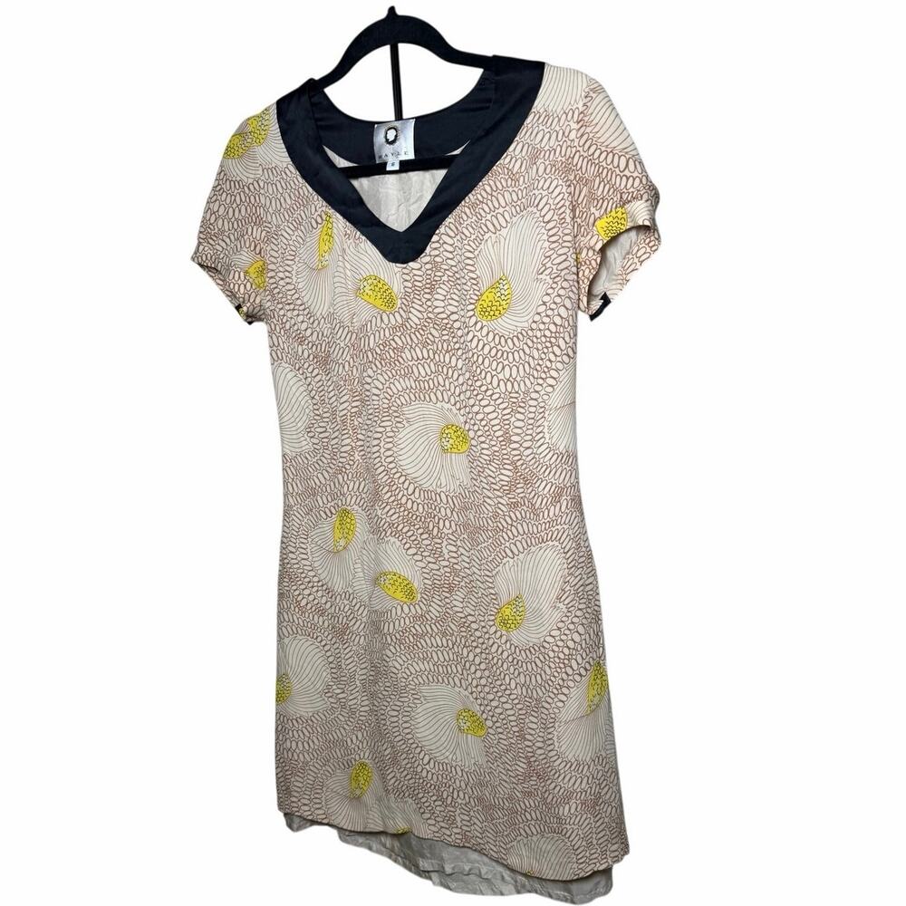 VINTAGE Maison Mayle 100% Silk Brown Size 6 Mini Dress Short Slevel Floral